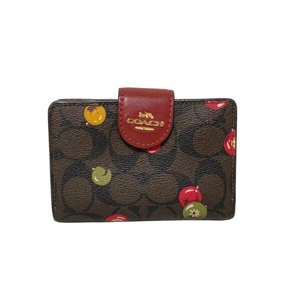 COACH Medium Corner Zip Wallet Ornament Print C7414 Dark Brown Bordeaux PVC - Picture 1 of 9